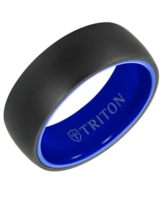 Triton Men's Rounded Edge Wedding Band Blue Ceramic & Raw Black Tungsten Carbide