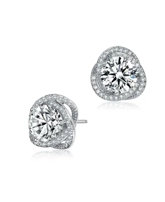Genevive Sterling Silver with Rhodium Plated Clear Round Cubic Zirconia Swirl Halo Stud Earrings