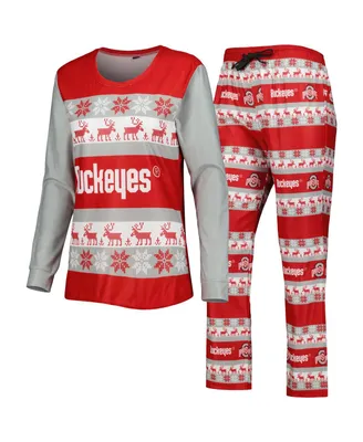 Women's Foco Scarlet Ohio State Buckeyes Ugly Long Sleeve T-shirt and Pajama Pants Sleep Set