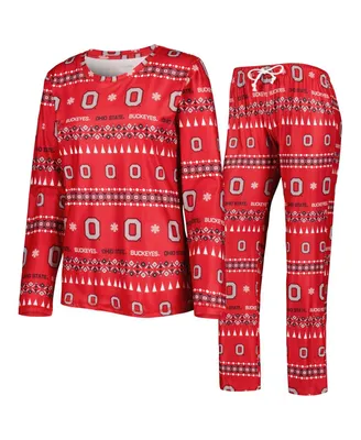 Women's Concepts Sport Scarlet Ohio State Buckeyes Flurry Ugly Sweater Long Sleeve T-shirt and Pants Sleep Set