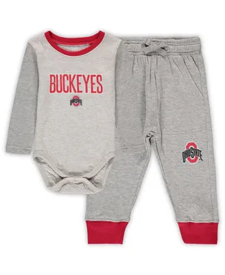 Infant Boys and Girls Wes & Willy Heathered Gray, Scarlet Ohio State Buckeyes Jie Long Sleeve Bodysuit Pants Set