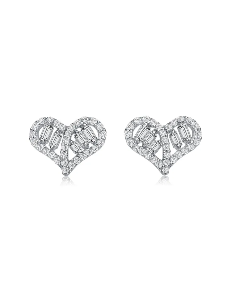 Genevive Sterling Silver with Rhodium Plated Clear Baguette and Round Cubic Zirconia Heart Stud Earrings