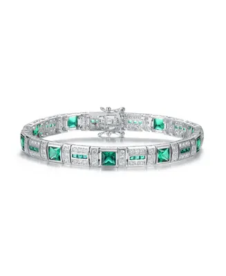 Genevive Rhodium Plated Emerald Cubic Zirconia Tennis Bracelet