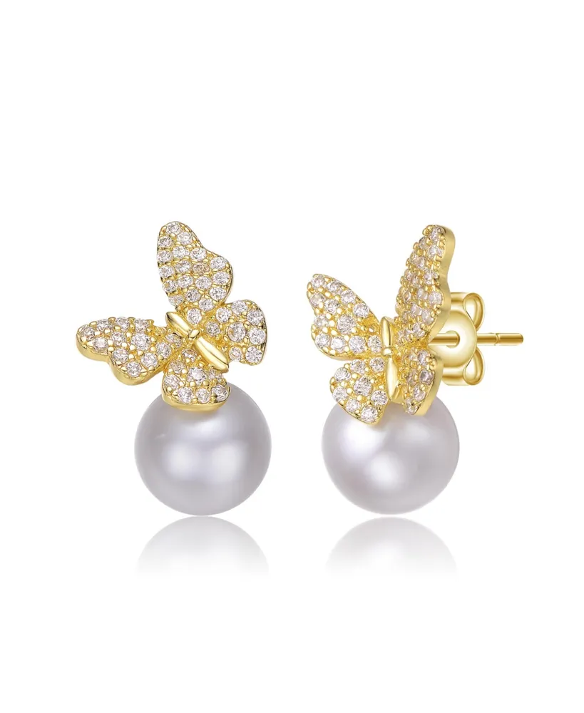 14k Yellow Gold Plated with Pearl Cubic Zirconia Butterfly Earrings in Sterling Silver