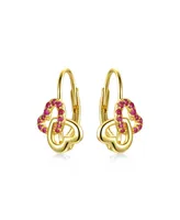 Genevive Radiant Double Heart Halo Drop Leverback Earrings for Kids/Teens in Sterling Silver with 14k Yellow Gold Plating and Red Accents