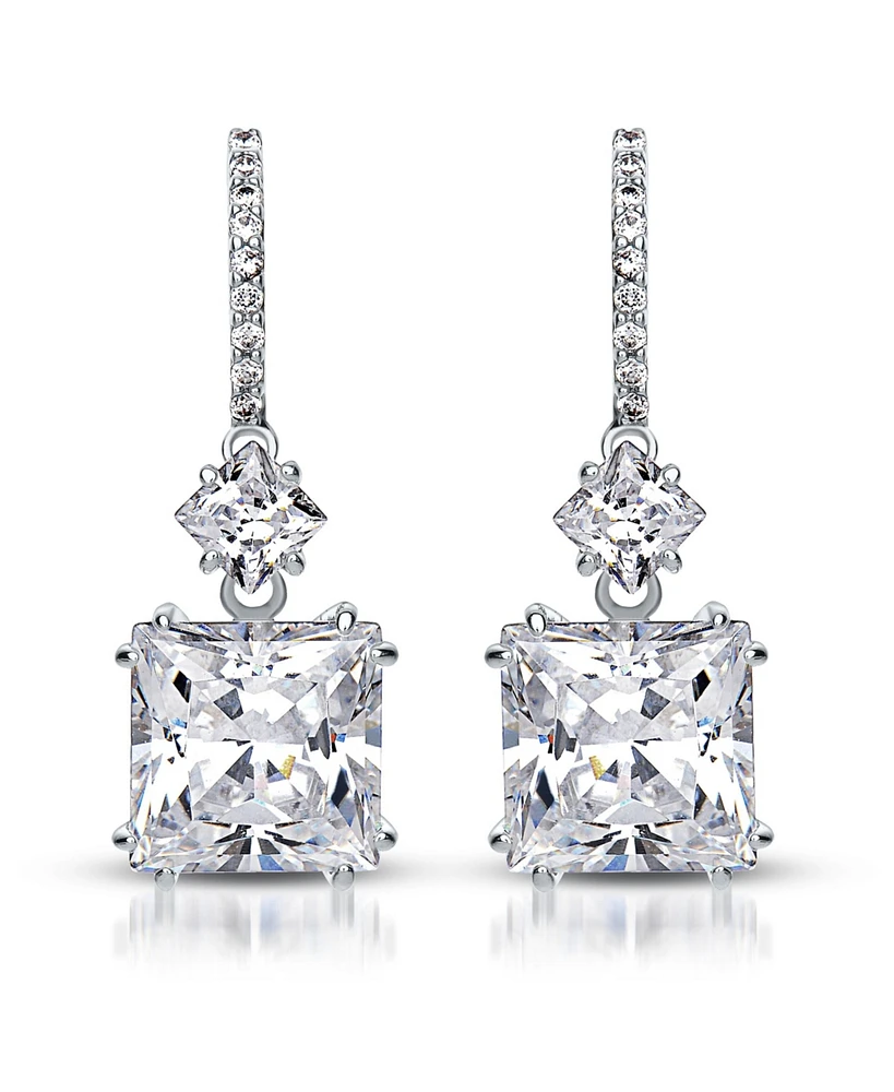 Cubic Zirconia Sterling Silver 18K Rose Plated Blue Square Shape Drop Earrings
