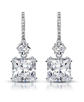 Cubic Zirconia Sterling Silver 18K Rose Plated Blue Square Shape Drop Earrings