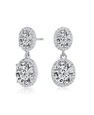 Genevive Sterling Silver with Rhodium Plated Two Clear Oval with Round Cubic Zirconia Halo Drop Earrings