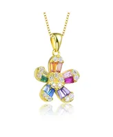 Genevive Sterling Silver with Gold Plated Multi Color Baguette Cubic Zirconia Flower Style Pendant Necklace - Multi