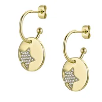 Rachel Glauber 14k Gold Plated with Cubic Zirconia Star Medallion Charm C-Hoop Earrings