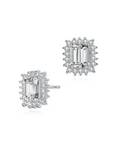 Genevive Sterling Silver with Rhodium Plated Clear Emerald and Round Cubic Zirconia Halo Stud Earrings