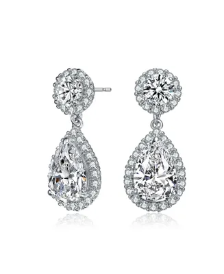 Genevive Sterling Silver with Rhodium Plated Clear Pear and Round Cubic Zirconia with Halo Drop Earrings