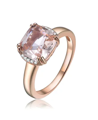 Genevive Sterling Silver 18k Rose Gold Plated with Morganite & Cubic Zirconia Cushion Solitaire Halo Ring