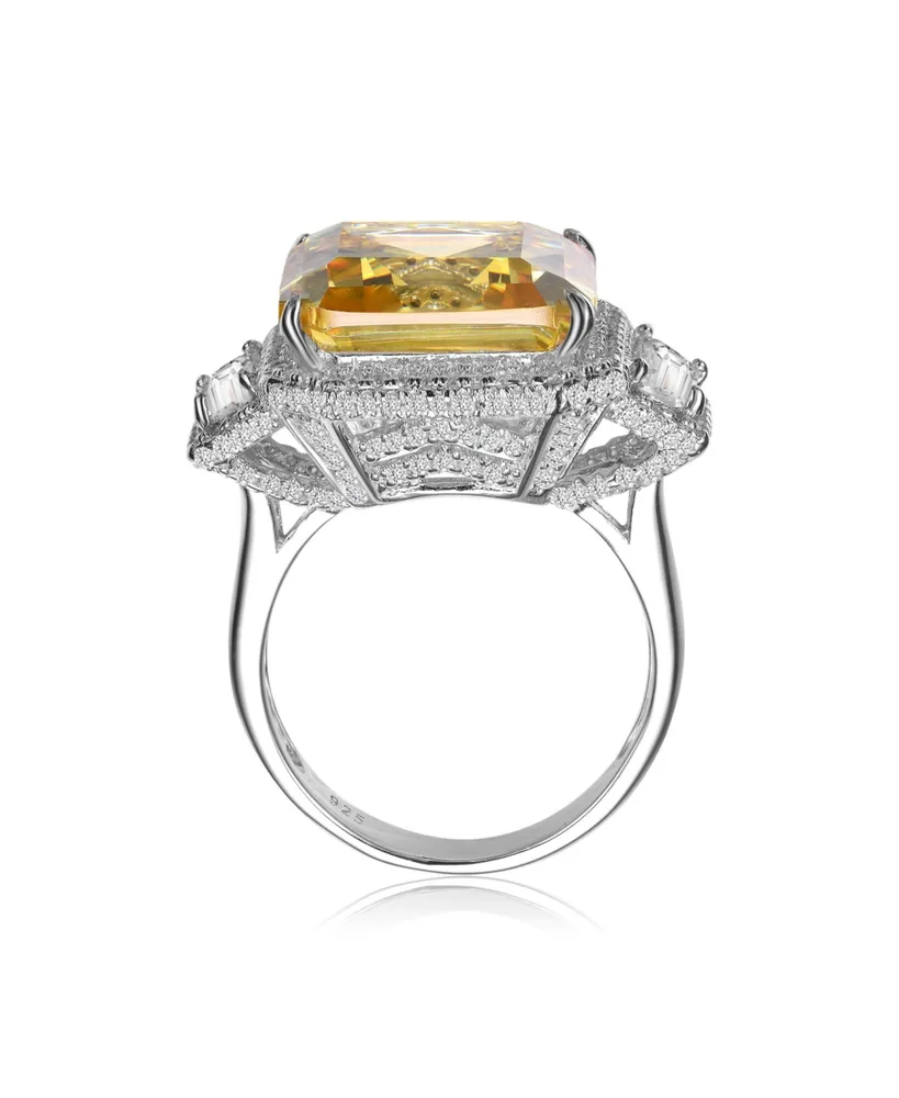 Genevive Sterling Silver with Rhodium Plated Yellow Asscher Clear Emerald Cubic Zirconia Halo Three-Stone Ring