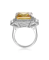 Genevive Sterling Silver with Rhodium Plated Yellow Asscher Clear Emerald Cubic Zirconia Halo Three-Stone Ring