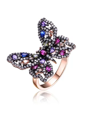 Genevive Sterling Silver with Black and Rose Gold Plated Multi Color Cubic Zirconia Butterfly Ring