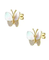 14k Gold Plated with Mother of Pearl & Cubic Zirconia Butterfly Stud Earrings