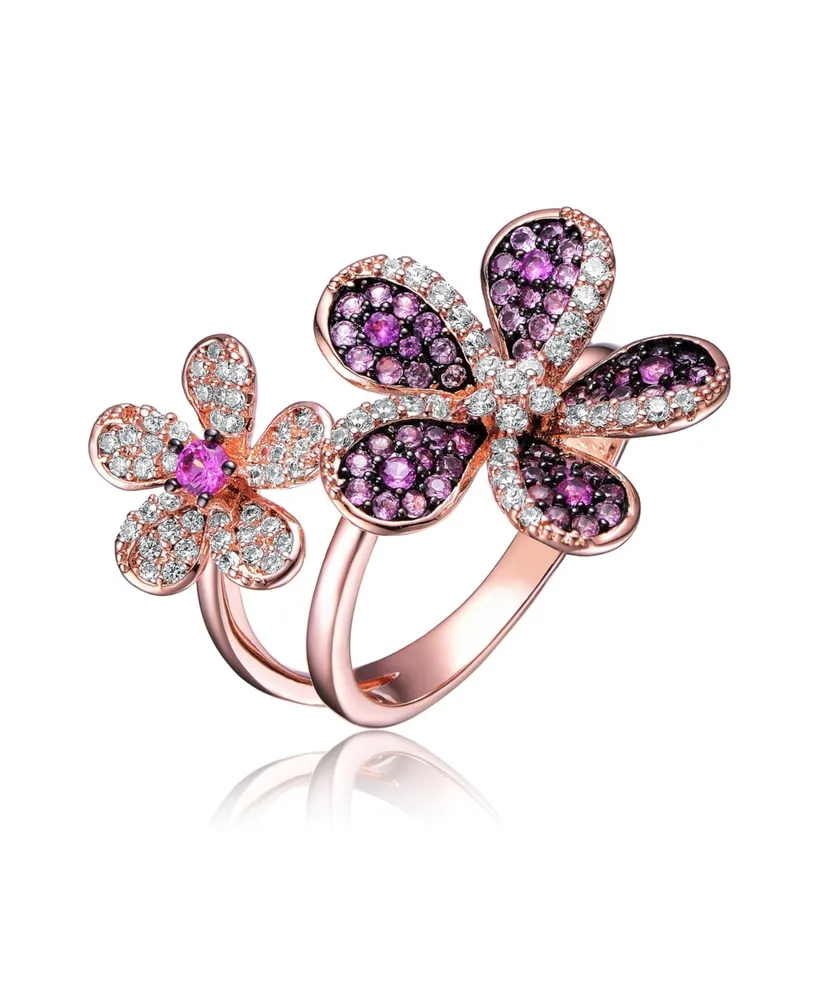 Genevive Sterling Silver Rose Gold and Black Plated Multi Colored Cubic Zirconia Floral Ring - Two