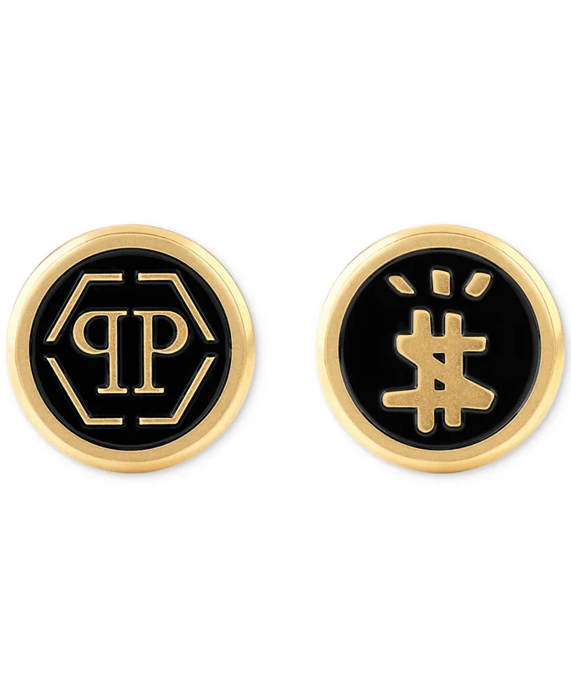 Philipp Plein Gold-Tone Ip Stainless Steel Mismatch Logo Black Cuff Links