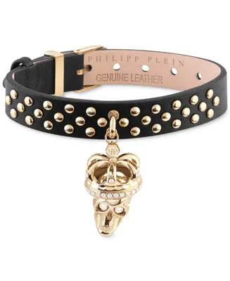 Philipp Plein Gold-Tone Ip Stainless Steel Pave Crowned 3D $kull Charm Studded Leather Bracelet