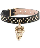 Philipp Plein Gold-Tone Ip Stainless Steel Pave Crowned 3D $kull Charm Studded Leather Bracelet