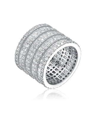 White Gold Plated with Cubic Zirconia 5-Row Stacked Column Glamor Ring in Sterling Silver