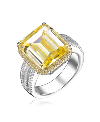 Genevive Sterling Silver White Gold Plated Yellow Ascher with Clear Round Cubic Zirconia Triple Pave Ring