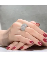 Sterling Silver with White Gold Plated Clear Round Cubic Zirconia Cluster Cocktail Ring