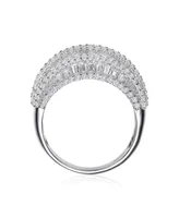 Sterling Silver with White Gold Plated Clear Round Cubic Zirconia Cluster Cocktail Ring