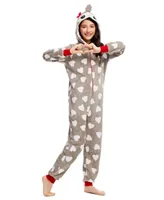 Toddler|Child Girls Plush Flannel Fleece Onesie Sleepwear with Animal Face Hood, Flame Resistant, Footless, Half Zip Kids Pajamas