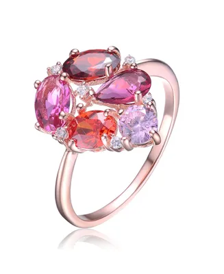 Genevive Sterling Silver with Rose Gold Plated Ruby Cubic Zirconia Coctail Ring - Multi