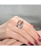 Genevive Sterling Silver with Rhodium Plated Morganite Asscher Clear Emerald Cubic Zirconia Halo Three-Stone Ring