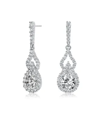 Genevive Sterling Silver with Rhodium Plated Clear Pear and Round Cubic Zirconia Halo with Open Pear Drop Earrings