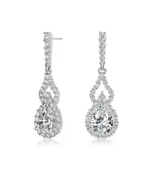 Genevive Sterling Silver with Rhodium Plated Clear Pear and Round Cubic Zirconia Halo with Open Pear Drop Earrings