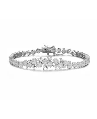 Genevive Sterling Silver with Rhodium Plated Clear Round Cubic Zirconia Flower Design Tennis Bracelet