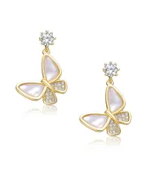 Sterling Silver 14K Gold Plated Cubic Zirconia Butterfly Drop Earrings