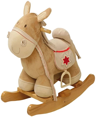 Roba-Kids Rocking Horse Soft Plush Rocking Animal with Solid Wood Rocker Embroidered Upholstery Stirrup