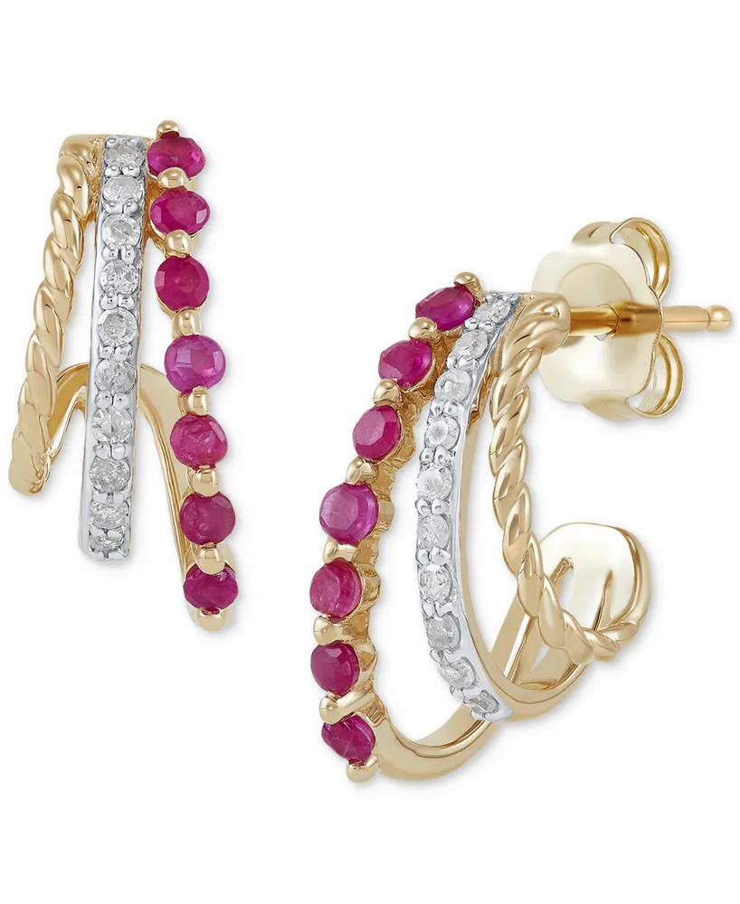 Ruby (1/4 ct. t.w.) & Diamond (1/10 ct. t.w.) Curved Halo Hoop Earrings in 14k Gold