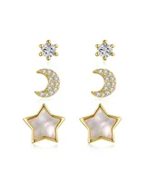 Rachel Glauber Stunning 3-Piece Astrological Zodiac Galaxy Stud Earrings Set in 14k Yellow Gold Plating with Mother of Pearl & Cubic Zirconia