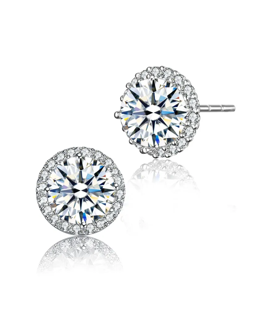 Sterling Silver with Rhodium Plated Clear Round Cubic Zirconia with Small Clear Round Cubic Zirconia Halo Accent Stud Earrings