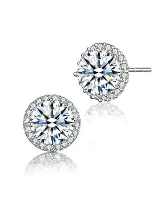 Sterling Silver with Rhodium Plated Clear Round Cubic Zirconia with Small Clear Round Cubic Zirconia Halo Accent Stud Earrings