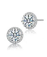 Sterling Silver with Rhodium Plated Clear Round Cubic Zirconia with Small Clear Round Cubic Zirconia Halo Accent Stud Earrings