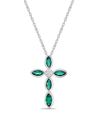Lab-Grown Green Emerald and Lab-Grown White Sapphire (1-1/4 ct. t. w.) Marquise Bezel Set Cross Pendant Necklace Set in Sterling Silver