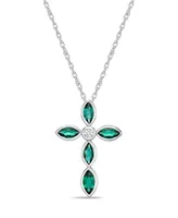 Lab-Grown Green Emerald and Lab-Grown White Sapphire (1-1/4 ct. t. w.) Marquise Bezel Set Cross Pendant Necklace Set in Sterling Silver