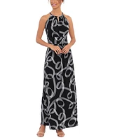 London Times Women's Printed Jersey Halter-Neck Maxi Dress