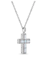 Sterling Silver Halo Birthstone Style Lab Grown Opal and Lab Grown White Sapphire Fancy Cut Cross Pendant Necklace