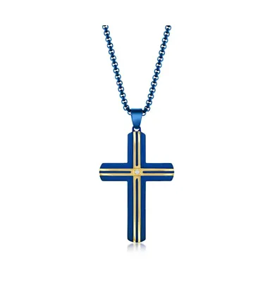 Mens Stainless Steel Blue & Gold Plated Lined Single Cz Cross Necklace