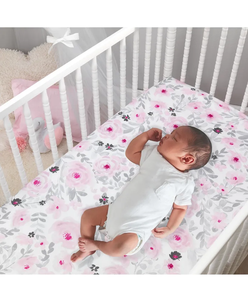 Bedtime Originals Blossom Pink/Gray Watercolor Floral Baby Fitted Mini Crib Sheet