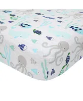 Lambs & Ivy Oceania Blue/Gray/White Whale with Octopus and Fish Nautical Ocean 6-Piece Nursery Baby Crib Bedding Set