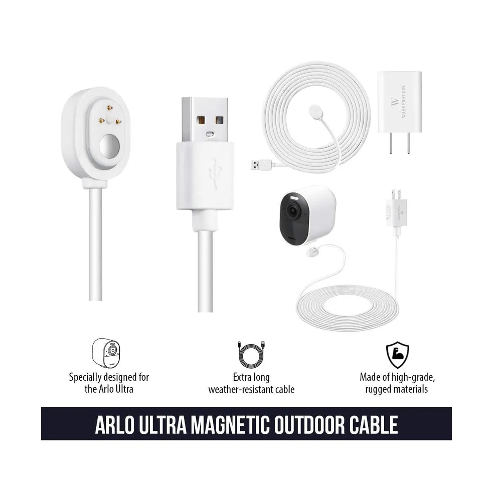 Wasserstein 6ft Weatherproof Outdoor Magnetic Charging Cable w/ Quick Charge Adapter for Arlo Ultra/Ultra 2, Pro 3/Pro 4/Pro 5s (1 Pack, White)